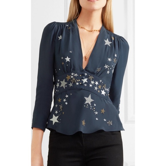 RIXO Tops - RIXO Navy Star-Print V-Neck Blouse